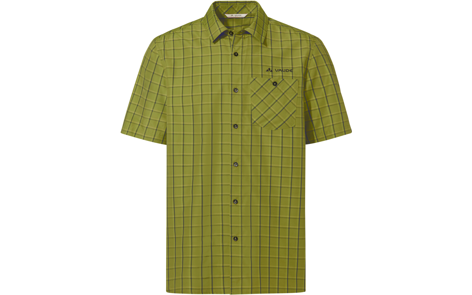 Grünes kurzärmeliges Hemd mit kariertem Muster, durchgehender Knopfleiste, linker Brusttasche und sichtbarem Logo