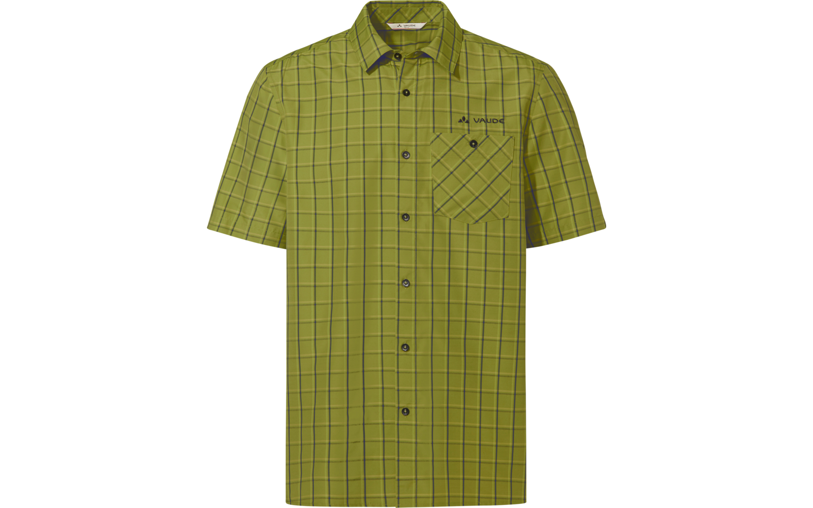 Camisa verde de manga corta a cuadros, con botones al frente, bolsillo en el pecho izquierdo y logo visible