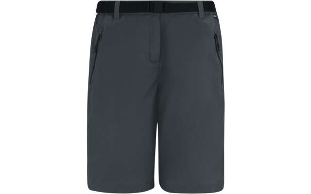 Dunkelgraue Shorts, Vorderansicht, Bund mit schwarzem Gürtel und zwei seitlichen Reißverschlusstaschen