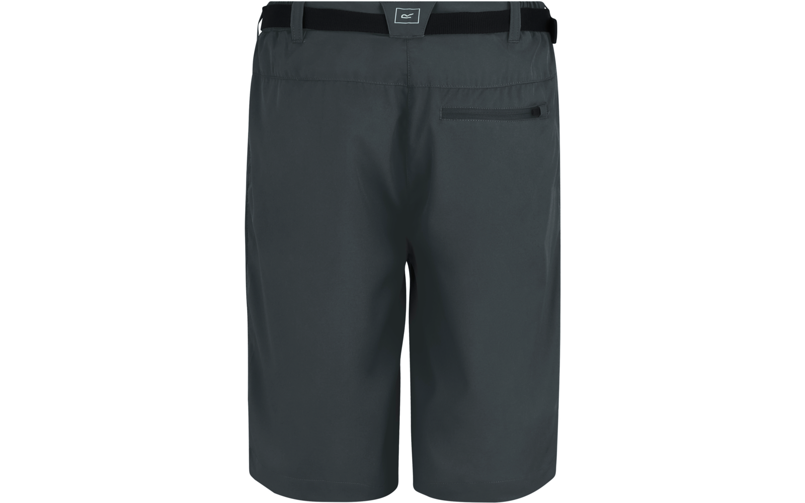 Dunkelgraue Shorts, Rückansicht, Taillenbund mit Gürtelschlaufen, kleines quadratisches Logo mittig hinten, rechte Gesäßtasche mit Reißverschluss