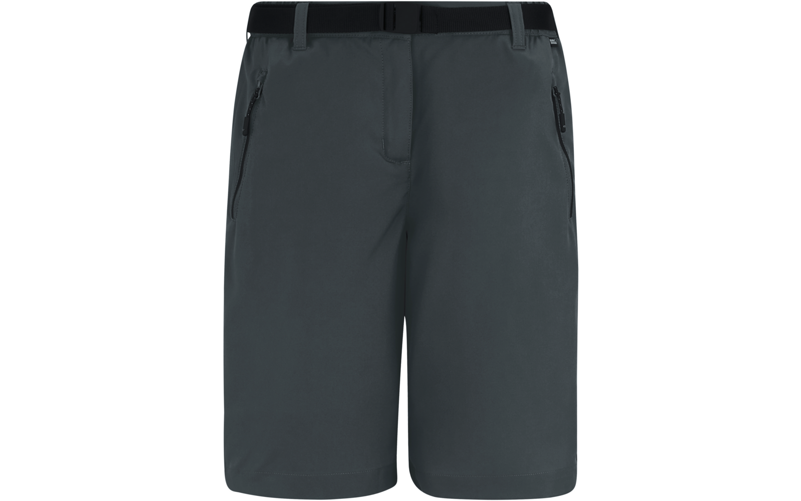 Dunkelgraue Shorts, Vorderansicht, Bund mit schwarzem Gürtel und zwei seitlichen Reißverschlusstaschen