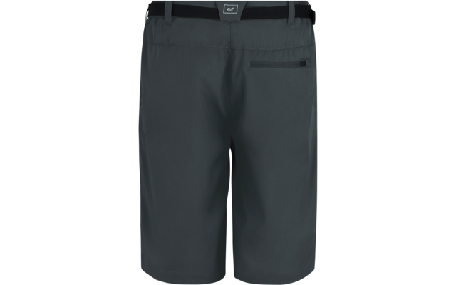 Dunkelgraue Shorts, Rückansicht, Taillenbund mit Gürtelschlaufen, kleines quadratisches Logo mittig hinten, rechte Gesäßtasche mit Reißverschluss