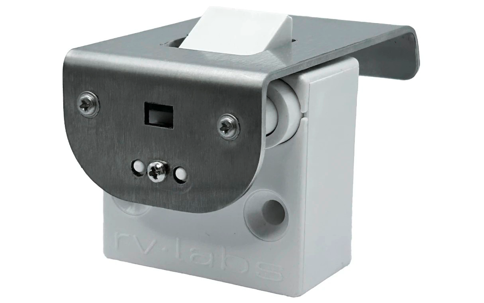 Witte vierkante kunststofbehuizing met een gebogen metalen beugel bovenop, twee zichtbare schroeven, rechts een klein wit rolletje, voorplaat met een rechthoekige opening en drie ronde gaten, 'rv:labs' geperst op de behuizing