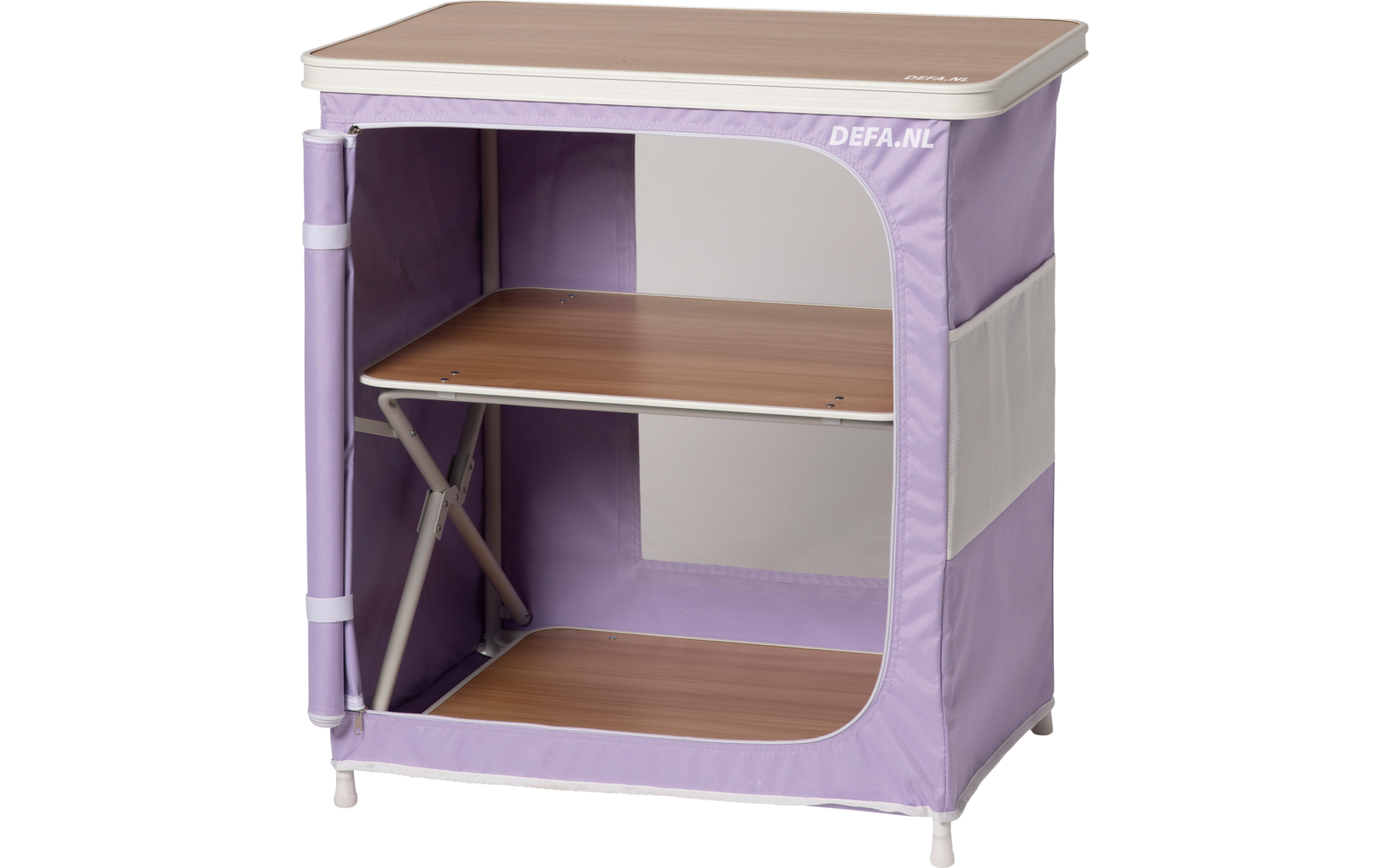 Petit meuble portable avec housse en tissu violet et deux étagères en bois