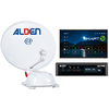 Weiße Satellitenschüssel mit dem Schriftzug "ALDEN" und einem "@"-Symbol, weiße Halterung; rechts ein schwarzes Gerät mit Display "ASTRA 19E" und "ALDEN"-Logo; oben rechts ein Flachbildfernseher mit "SMART TV"-Startbildschirm