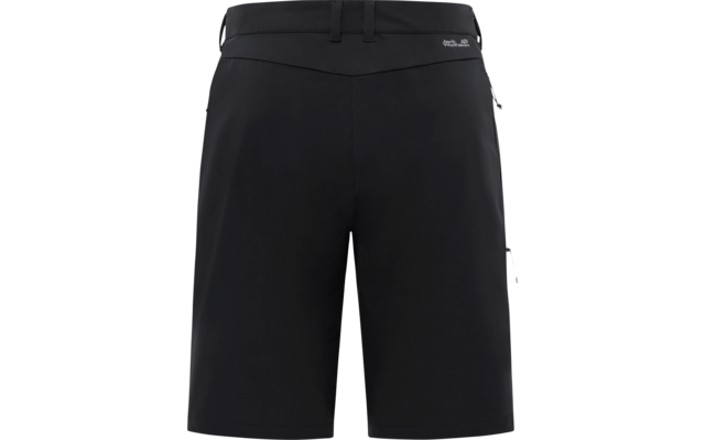 Schwarze knielange Shorts, Frontalansicht, Bund mit Gürtelschlaufen, seitliche Reißverschlusstaschen, kleines weißes Logo an rechter Hüfthöhe