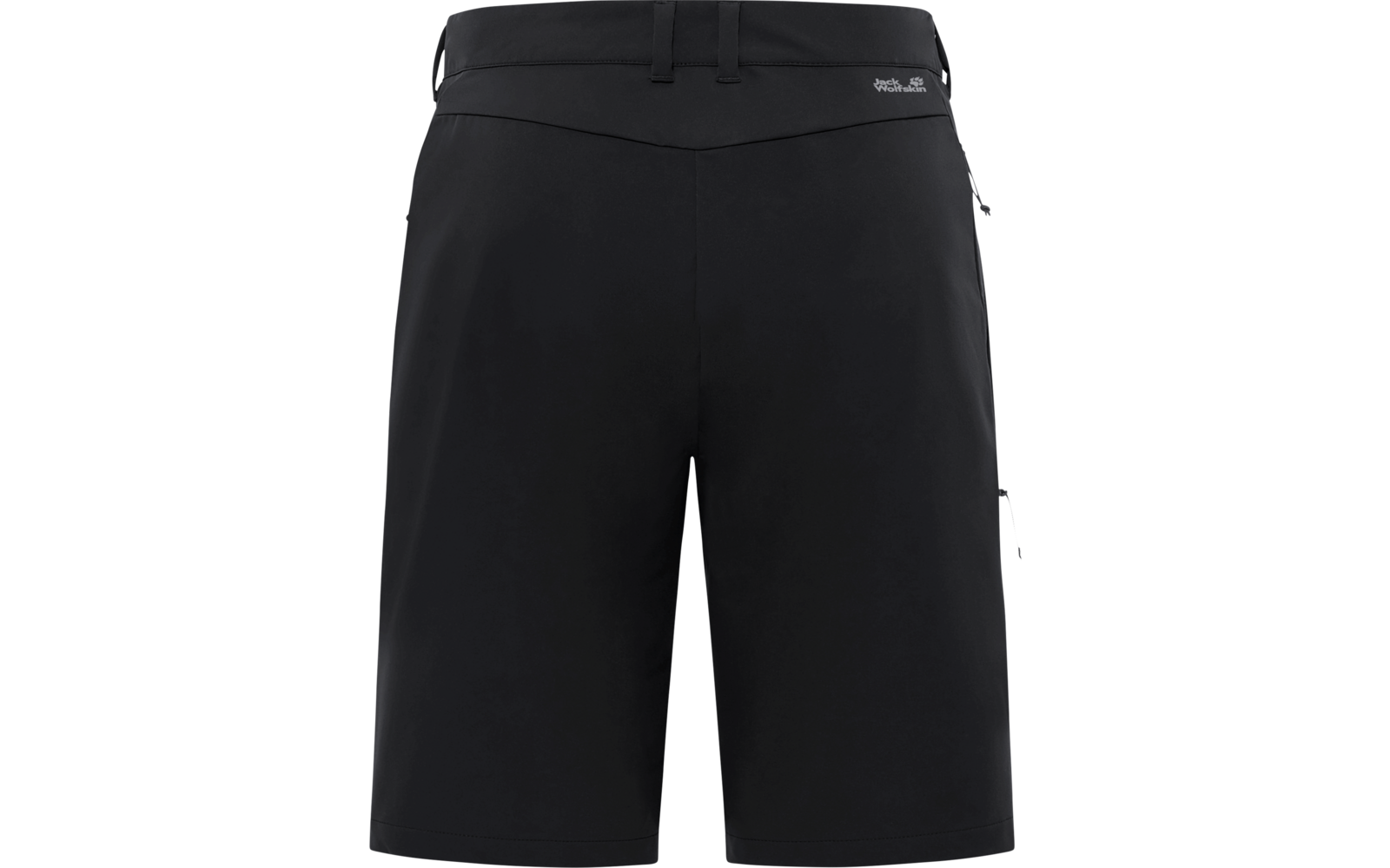 Schwarze knielange Shorts, Frontalansicht, Bund mit Gürtelschlaufen, seitliche Reißverschlusstaschen, kleines weißes Logo an rechter Hüfthöhe