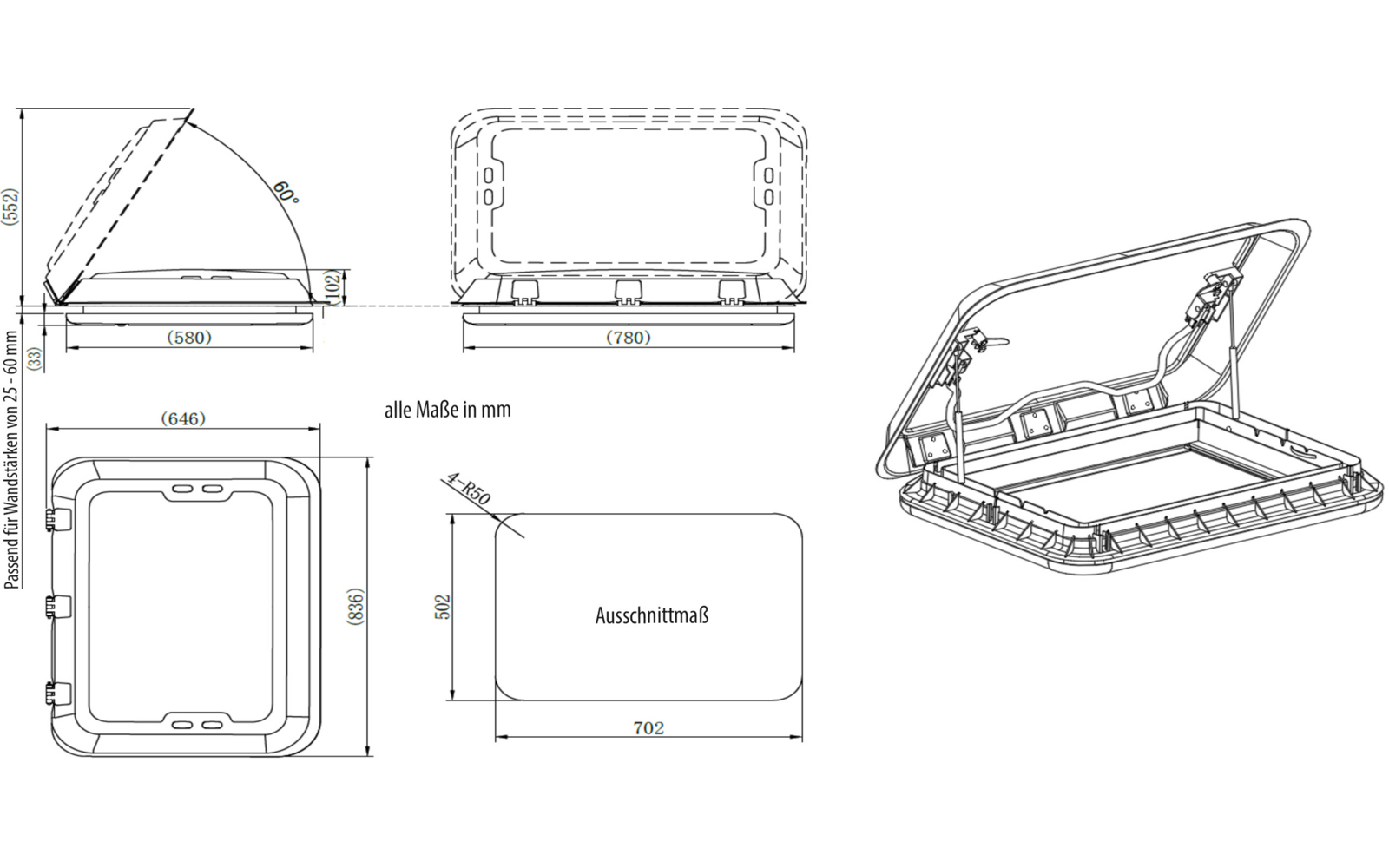 Technical drawing of a rectangular frame with a hinged lid; top, side, section and isometric views with dimensions in millimeters