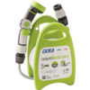 Porte-tuyau en plastique vert avec tuyau de jardin enroulé et embout de pulvérisation gris, face avant montre l'étiquette "aqua balcony"