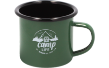 Tasse en métal verte avec bord noir et inscription 'camp LIFE'