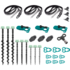 tres correas negras con muelles en espiral metálicos y mosquetones; cuatro varillas negras en espiral con tapas de plástico verde claro; cuatro tornillos plateados con cabezas verde claro; tres piezas de plástico turquesa-verde con dos aberturas; seis pequeñas piezas de plástico turquesa-verde de tres lóbulos; tres placas metálicas triangulares negras; una pequeña pieza metálica negra con apertura hexagonal
