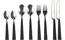 Besteckset mit schwarzem Griff, bestehend aus Löffeln, Gabeln und Messern