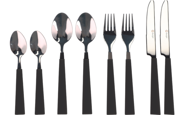 Besteckset mit schwarzem Griff, bestehend aus Löffeln, Gabeln und Messern