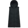 Gilet lungo imbottito senza maniche nero con cappuccio, cerniera centrale e tasche laterali con zip