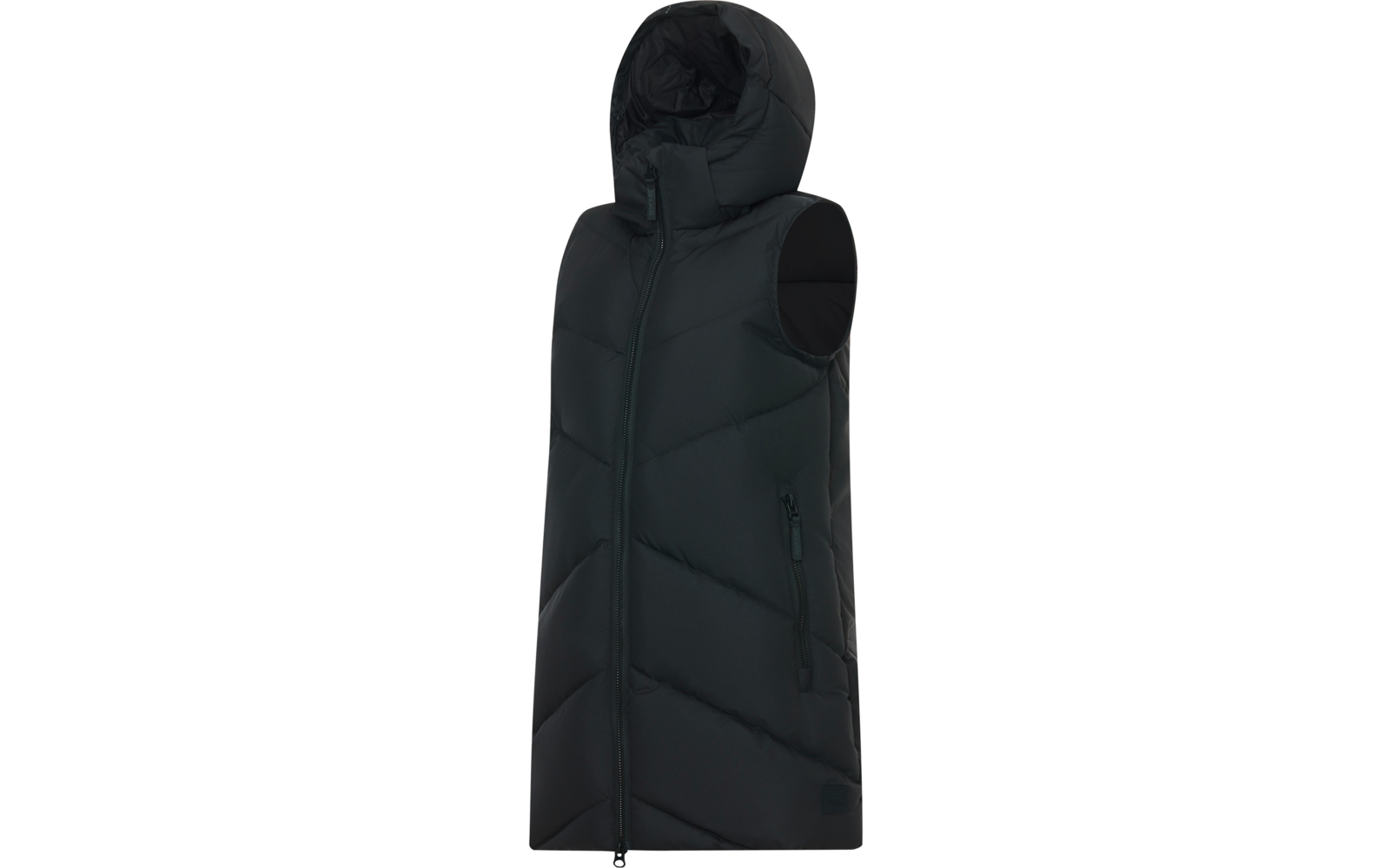 Gilet imbottito nero senza maniche con cappuccio, cerniera frontale e due tasche laterali con zip