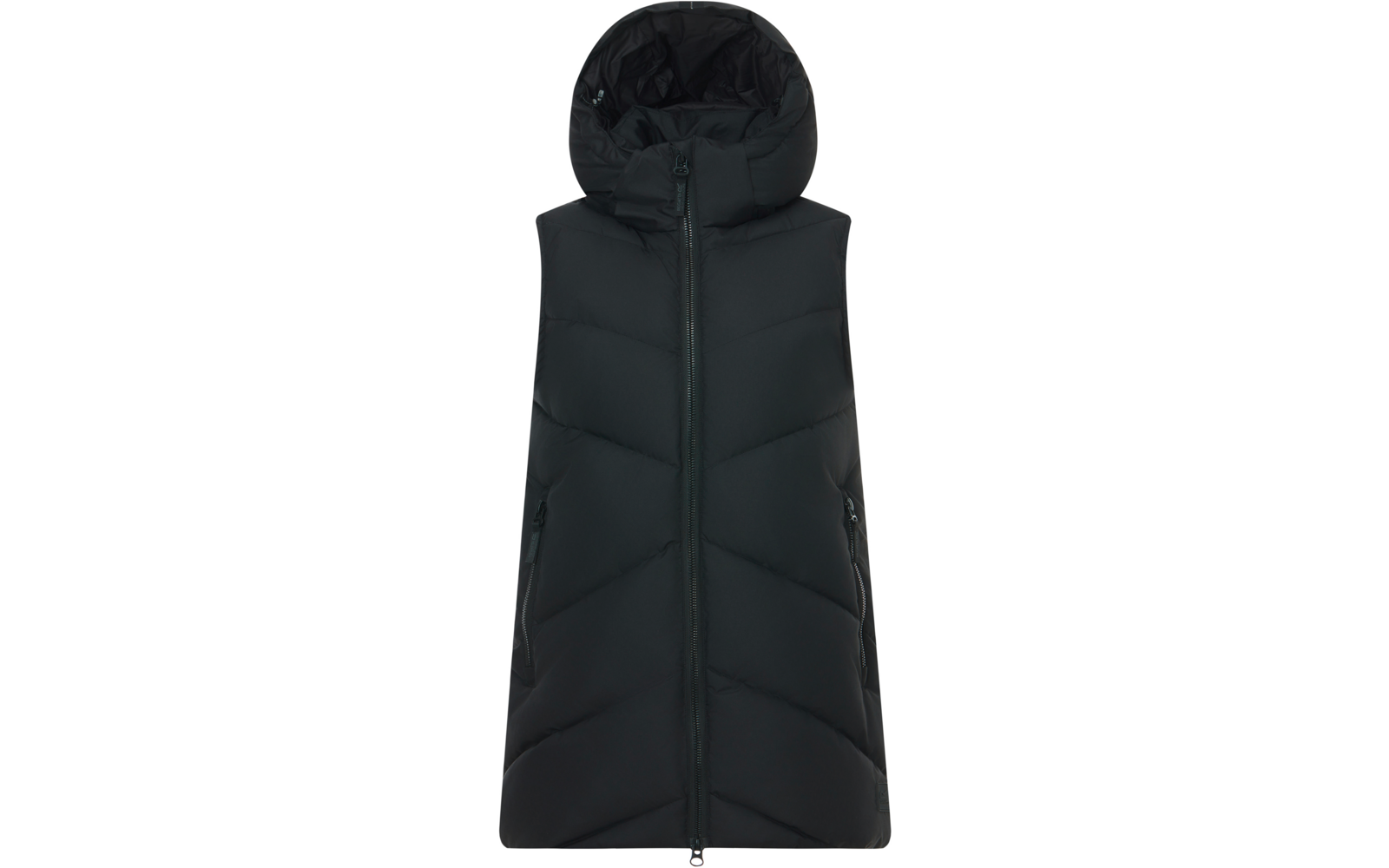 Gilet lungo imbottito senza maniche nero con cappuccio, cerniera centrale e tasche laterali con zip