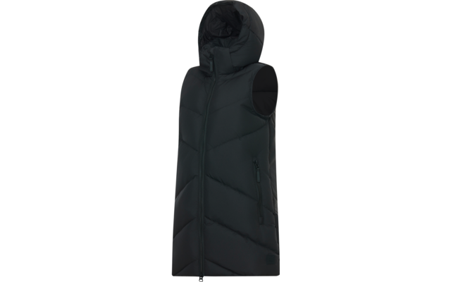 Gilet imbottito nero senza maniche con cappuccio, cerniera frontale e due tasche laterali con zip