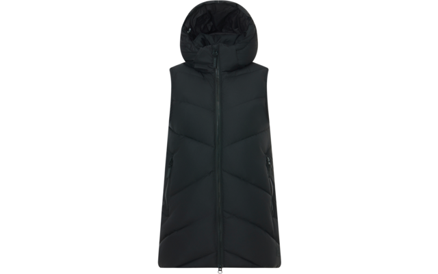 Gilet lungo imbottito senza maniche nero con cappuccio, cerniera centrale e tasche laterali con zip