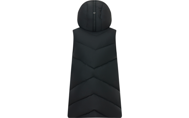 Vista posteriore di un gilet nero imbottito con cappuccio e senza maniche, cuciture a V e un piccolo logo bianco sul cappuccio