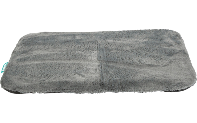 Tapis rectangulaire en peluche gris avec coutures centrales et petite étiquette turquoise sur fond blanc