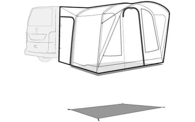 Schwarze, aufgestellte Vorzeltplane vor einem gezeichneten Auto