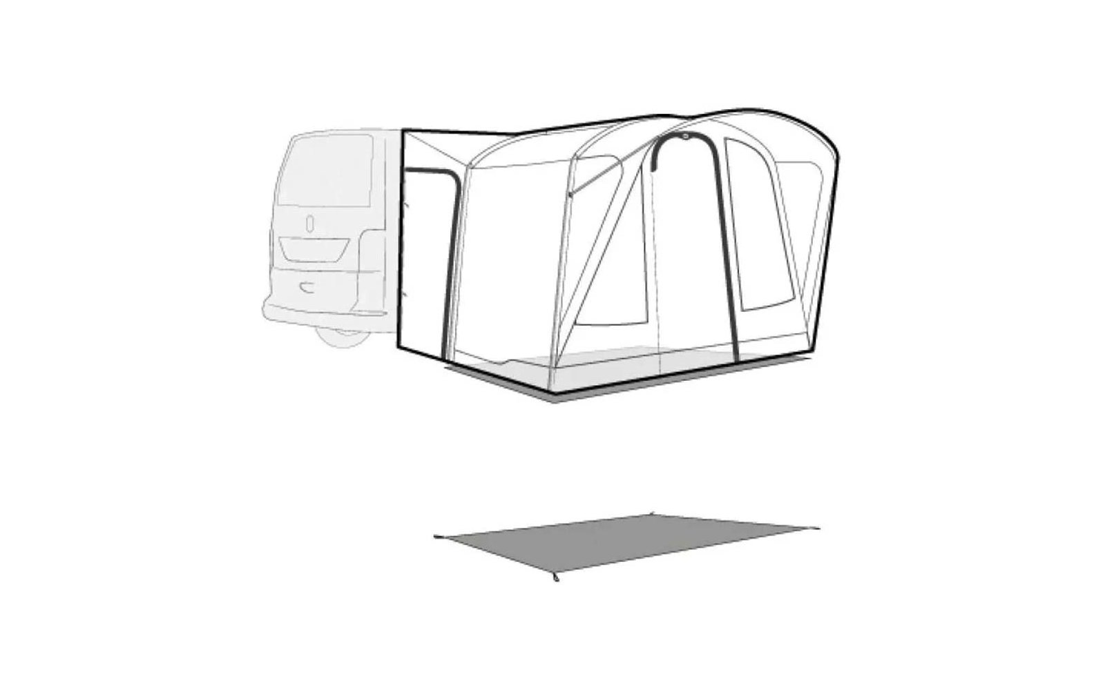 Schwarze, aufgestellte Vorzeltplane vor einem gezeichneten Auto