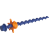 Blue spiral rod with hexagonal nut and orange star-shaped piece on white background