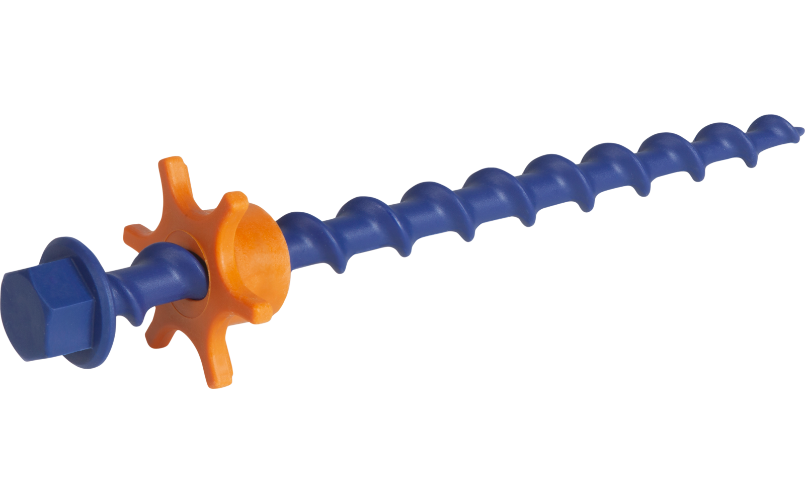 Blue spiral rod with hexagonal nut and orange star-shaped piece on white background