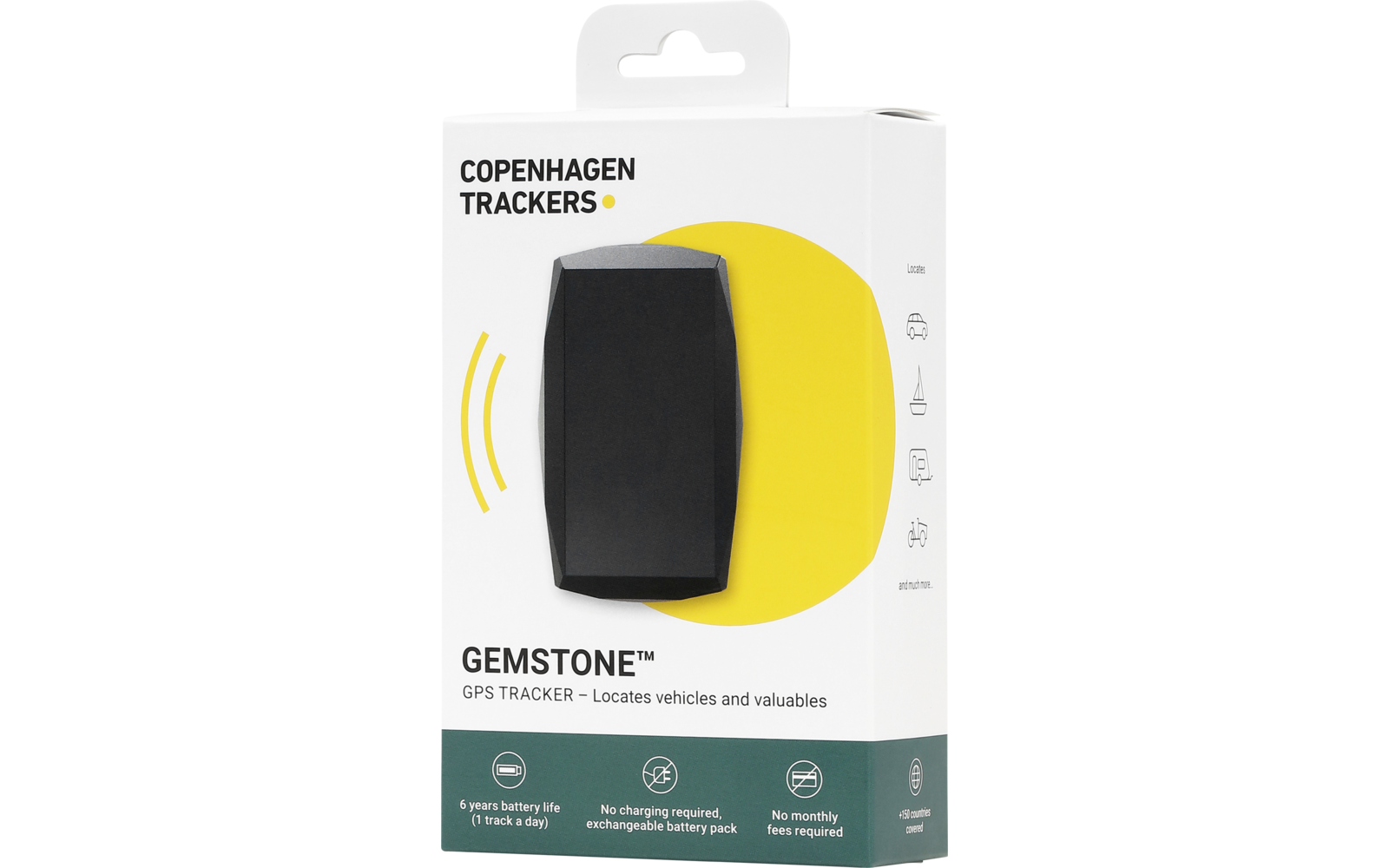 Confezione prodotto bianca con un dispositivo nero su un cerchio giallo, testi "COPENHAGEN TRACKERS" e "GEMSTONE GPS TRACKER"