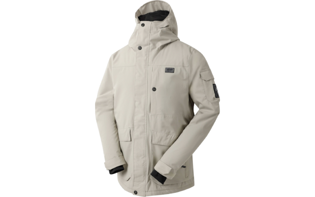 weiße Winterjacke mit Kapuze und Reißverschlüssen