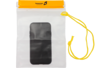 Teléfono inteligente en una funda transparente con cierre amarillo y correa amarilla