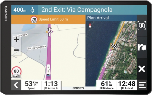 Navigationsbildschirm mit Karte, Routenführung und Ankunftsinfos