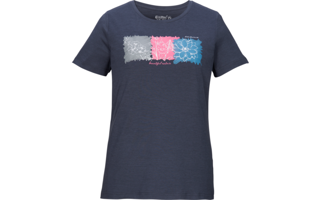 T-shirt blu scuro a maniche corte con tre stampe floreali quadrate (grigio, rosa, blu) affiancate sul petto e piccolo testo rosa chiaro sotto