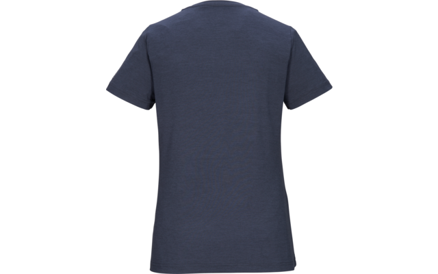 Vista posteriore di una t-shirt blu scuro a maniche corte su sfondo bianco