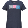 T-shirt blu scuro a maniche corte con tre stampe floreali quadrate (grigio, rosa, blu) affiancate sul petto e piccolo testo rosa chiaro sotto