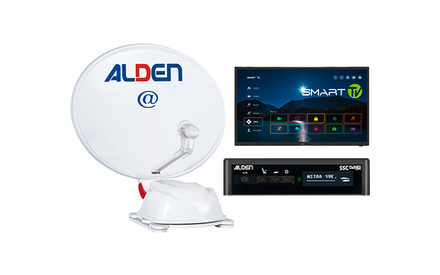 Antena parabólica con logo ALDEN, televisor inteligente mostrando la interfaz y dispositivo receptor