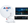 Antena parabólica con logo ALDEN, televisor inteligente mostrando la interfaz y dispositivo receptor