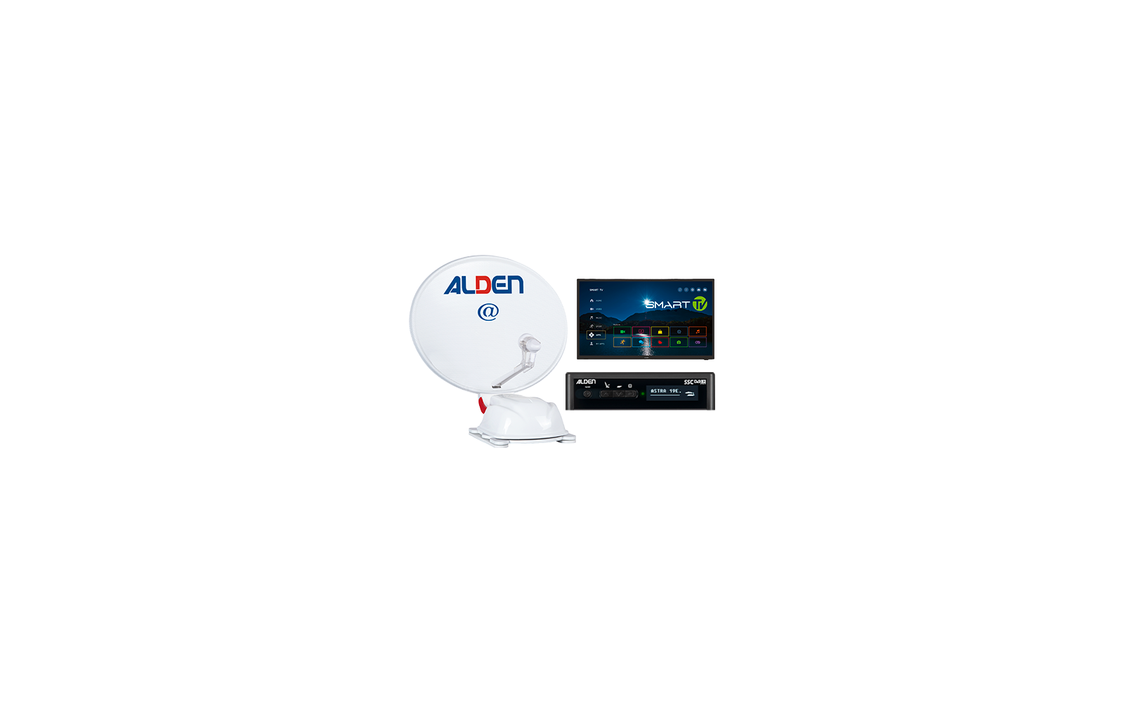 Antena parabólica con logo ALDEN, televisor inteligente mostrando la interfaz y dispositivo receptor