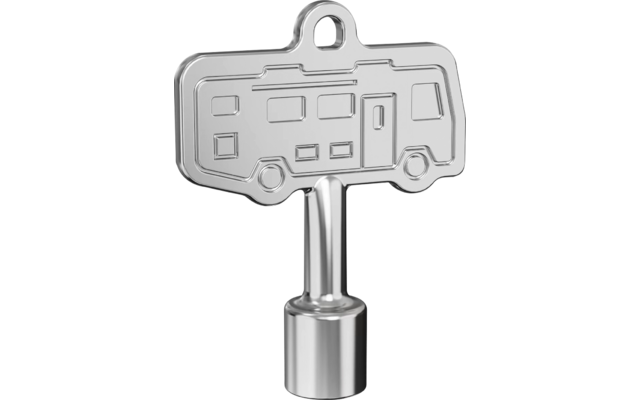 Silberne Metallfigur in Form eines Wohnmobils auf zylindrischem Sockel