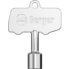 Silbernes Metallobjekt in Schlüsselform mit rechteckigem Kopf, eingeprägtem Schriftzug "Berger", rundem Logo links, runder Schaft und zylindrischem Einsatz unten