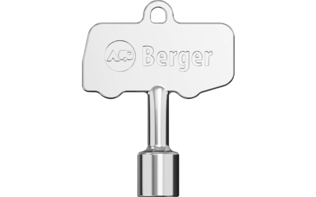 Silbernes Metallobjekt in Schlüsselform mit rechteckigem Kopf, eingeprägtem Schriftzug "Berger", rundem Logo links, runder Schaft und zylindrischem Einsatz unten