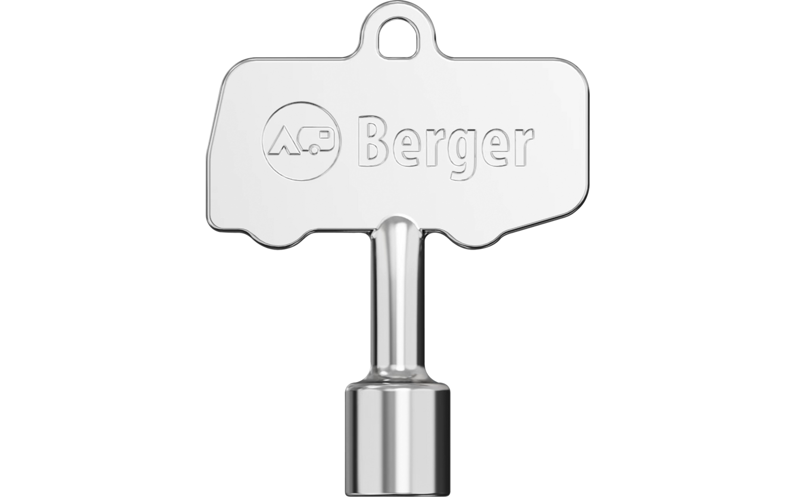 Silbernes Metallobjekt in Schlüsselform mit rechteckigem Kopf, eingeprägtem Schriftzug "Berger", rundem Logo links, runder Schaft und zylindrischem Einsatz unten