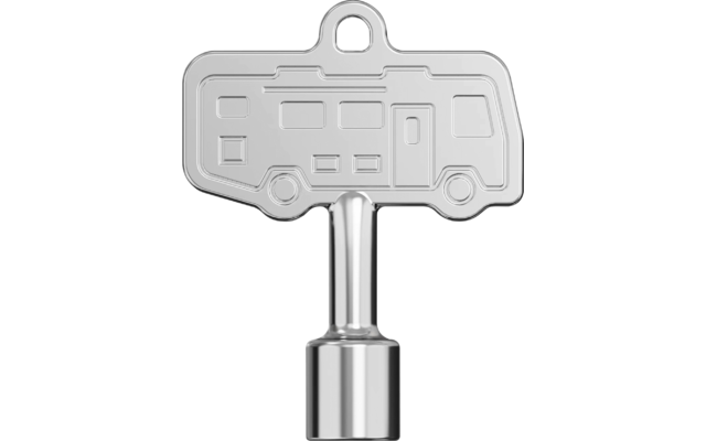 Silberner, glänzender Metallgegenstand in Form eines Wohnmobils mit einem zylindrischen Stift darunter