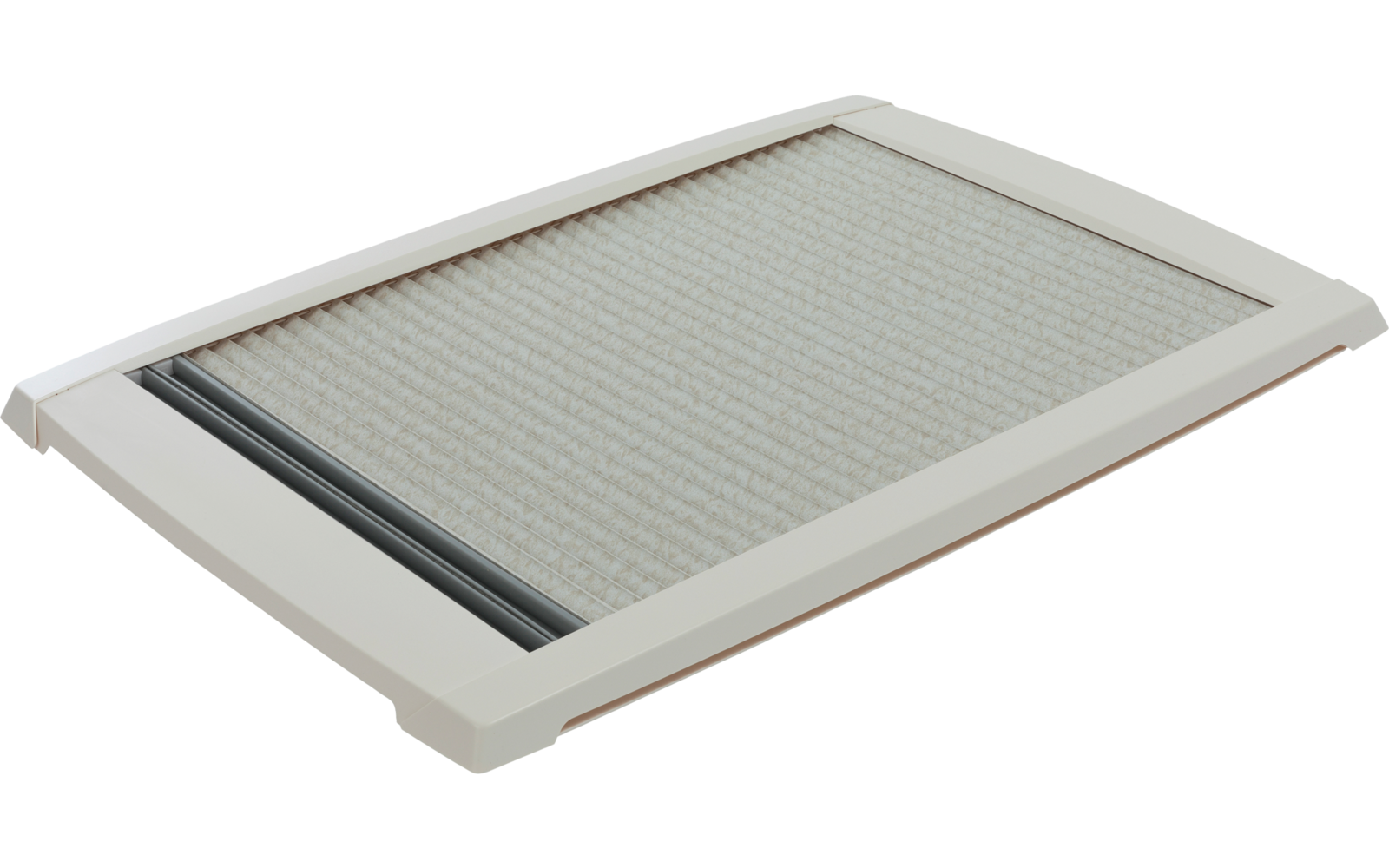 Rechteckiger beige-weißer Rahmen mit mittigem hellgrauem feinmaschigem Netz und einem dunklen Streifen an einer Innenkante, Ansicht leicht schräg von oben