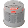 Gray cylindrical can with red 'Coleman' logos and the text 'SUPER-GAS C190 GLS BUTANE/PROPANE'