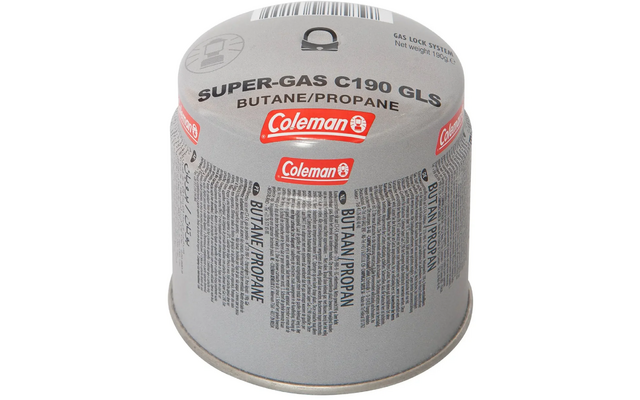 Gray cylindrical can with red 'Coleman' logos and the text 'SUPER-GAS C190 GLS BUTANE/PROPANE'