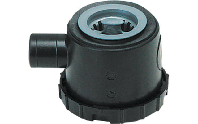 Black cylindrical plastic part with a side outlet, round top showing a hexagonal nut, ridged locking ring at the bottom, and two molded marks on the side