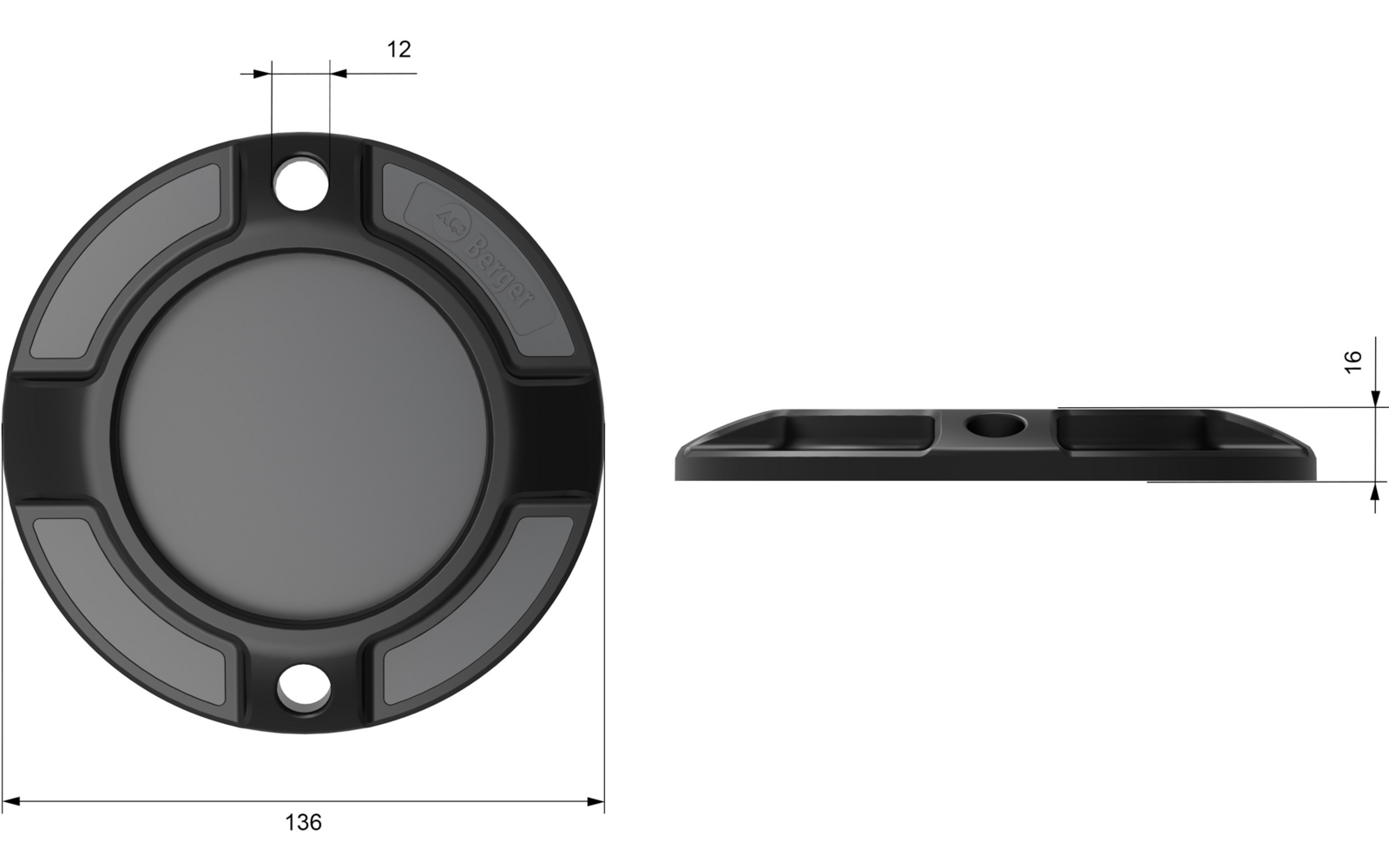 Objet rond noir, vue de dessus à gauche et vue de côté à droite ; zone circulaire centrale lisse, quatre zones segmentées périphériques, deux ouvertures rondes opposées, lignes de cote affichant les chiffres 136 et 16