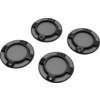 Quatre disques ronds noirs avec un centre gris rainuré, une bague extérieure à trois segments encastrés et une petite ouverture ronde, sur fond transparent