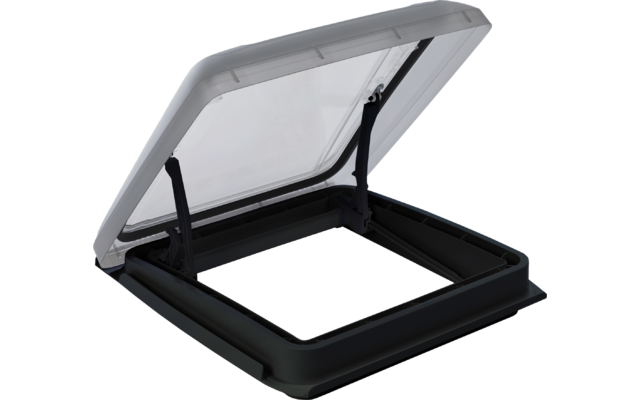 Quadratischer schwarzer Rahmen mit geöffneter transparenter hellgrauer Luke, gehalten von zwei schwarzen Scharnieren